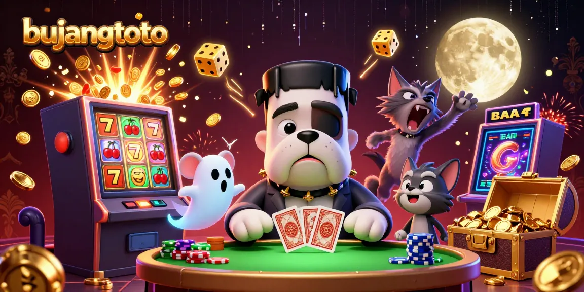 Engage with bujangtoto while a Frankenstein bulldog deals cards at a spooky casino table amidst jackpots and vibrant casino elements.