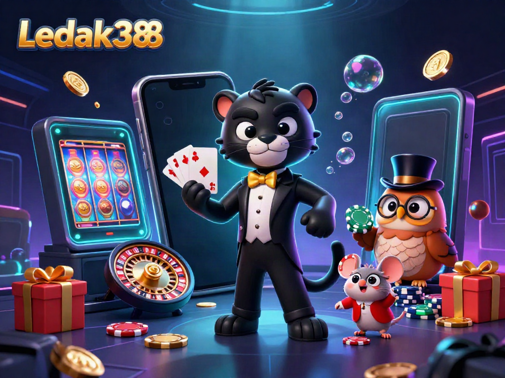 Experience thrilling gameplay with Ledak388 featuring a stylish black panther and a playful owl at a vibrant casino scene.