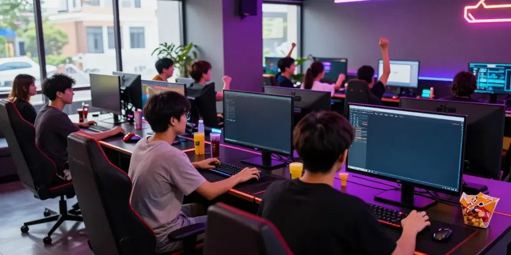 Engaged gamers enjoying rokok88 super in a vibrant lounge filled with LED lights and screens.