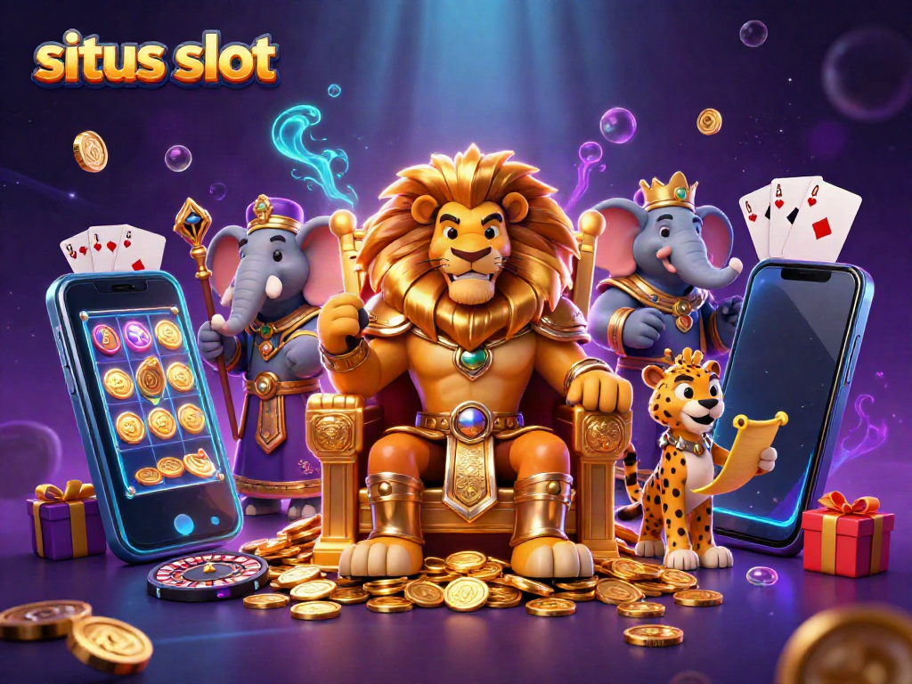 Menggambarkan situs slot dengan raja singa 3D, gajah penasihat, dan cheetah pengirim pesan di latar kasino.