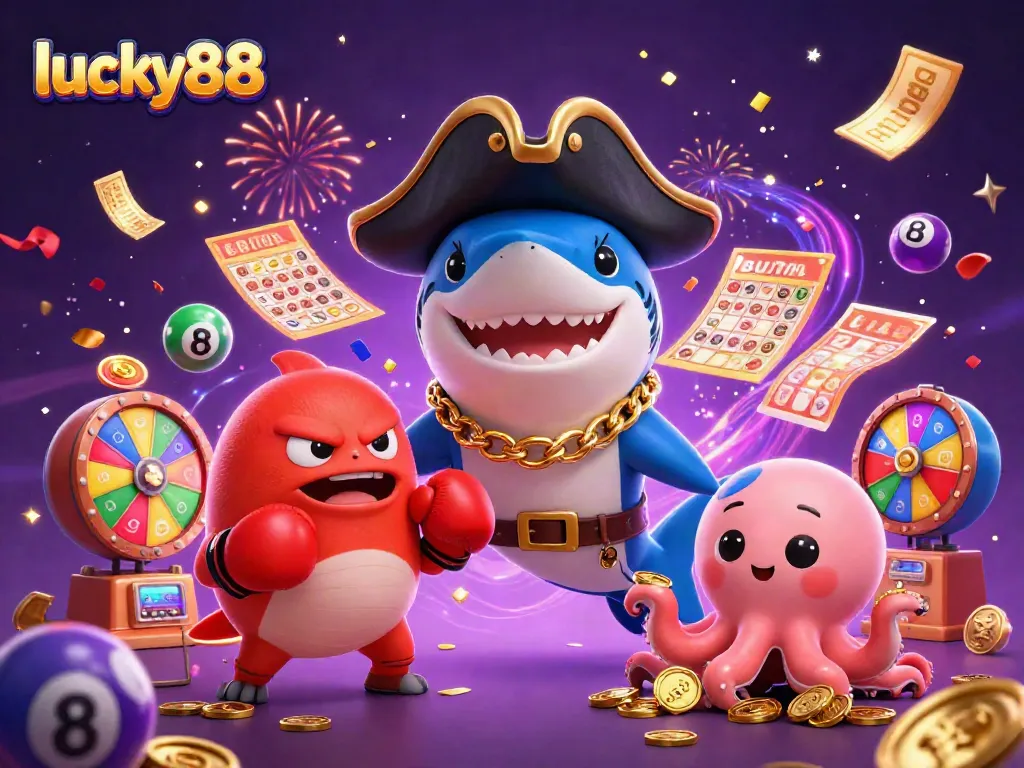 Experience the thrill of lucky88 with a vibrant casino scene featuring playful characters and dynamic gaming elements.