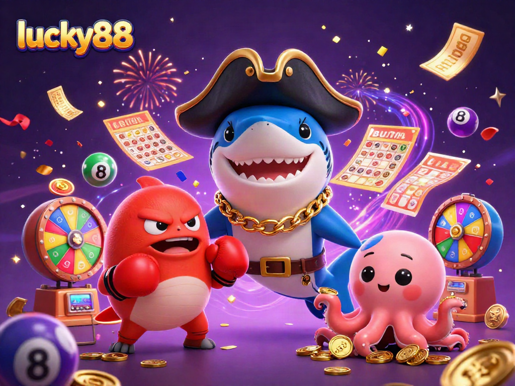 Experience the thrill of lucky88 with a vibrant casino scene featuring playful characters and dynamic gaming elements.