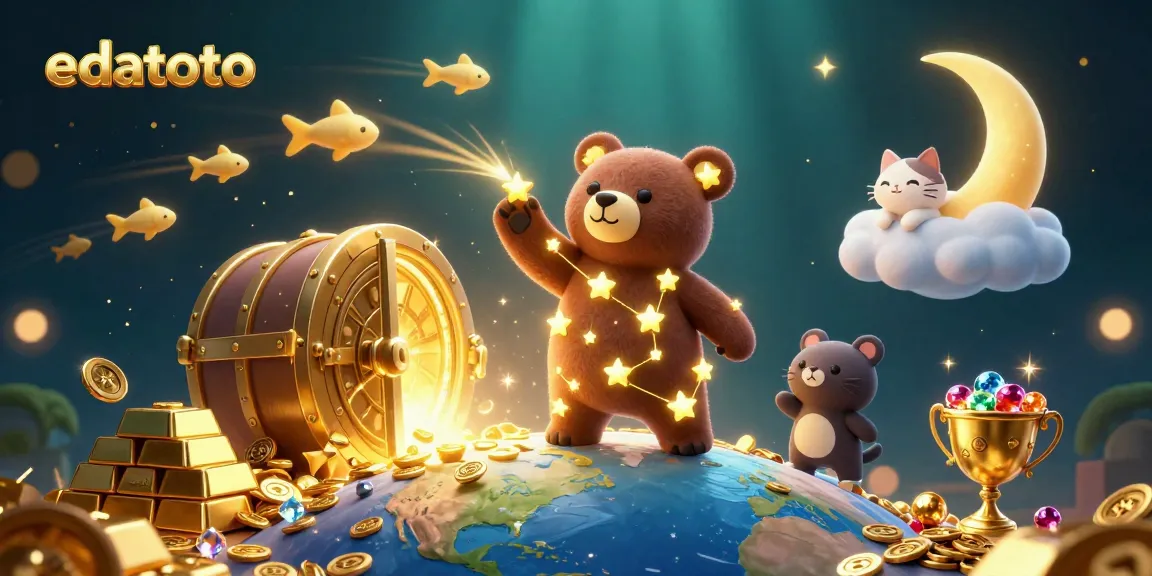 Experience winning with edatoto's vibrant 3D casino scene filled with riches and character charm.