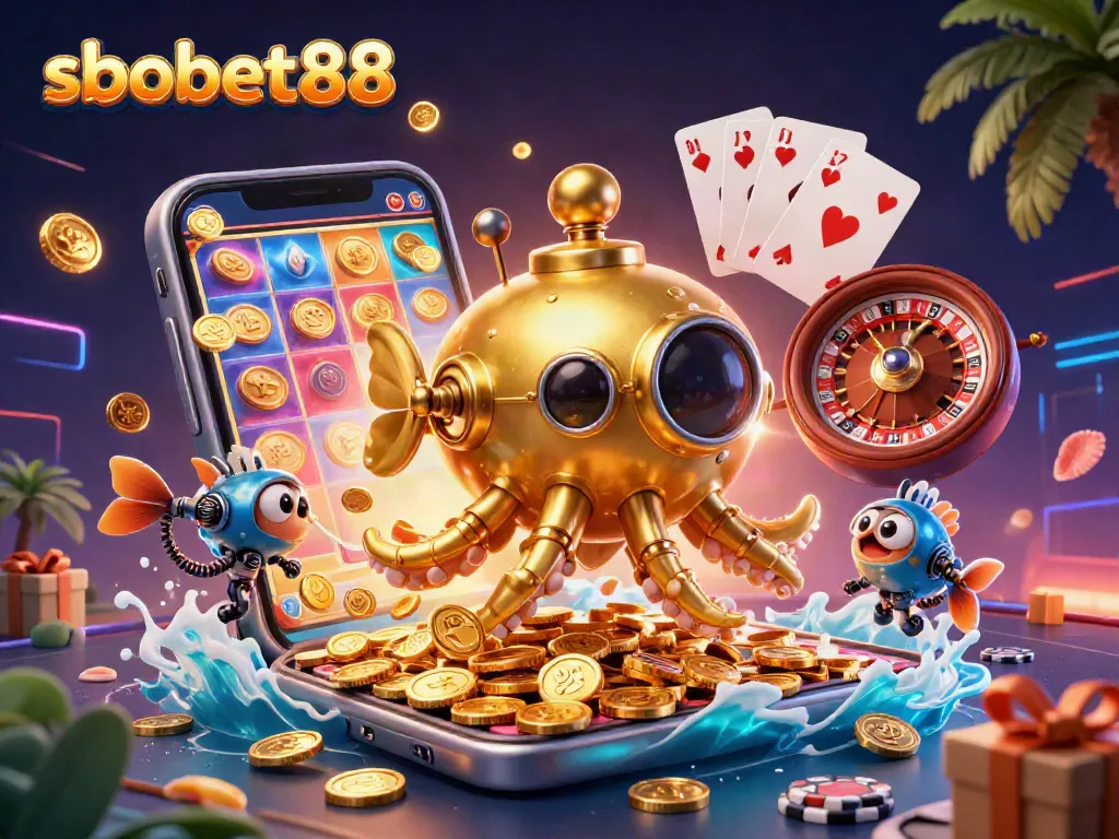 Sbobet88 showcases a vibrant 3D scene of a kraken submarine amid coins and pop-up games, embodying fun in online betting.