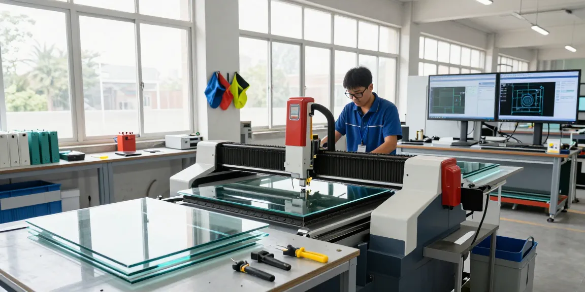 A technician operating a glass cutting machine in a bright workshop, showcasing advanced CNC technology and glass sheets.