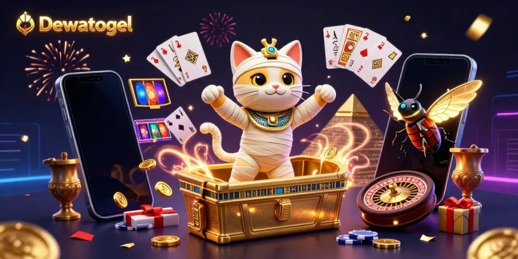 Dewatogel brings excitement with a vibrant scene featuring a mummy cat and scarab beetle in a pyramid casino.