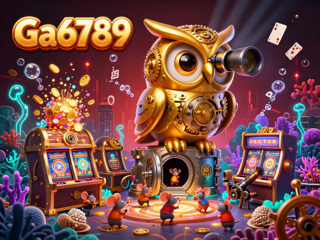 Engage with Ga6789 in this vibrant 3D scene showcasing a golden owl on a vault amidst lively casino elements.