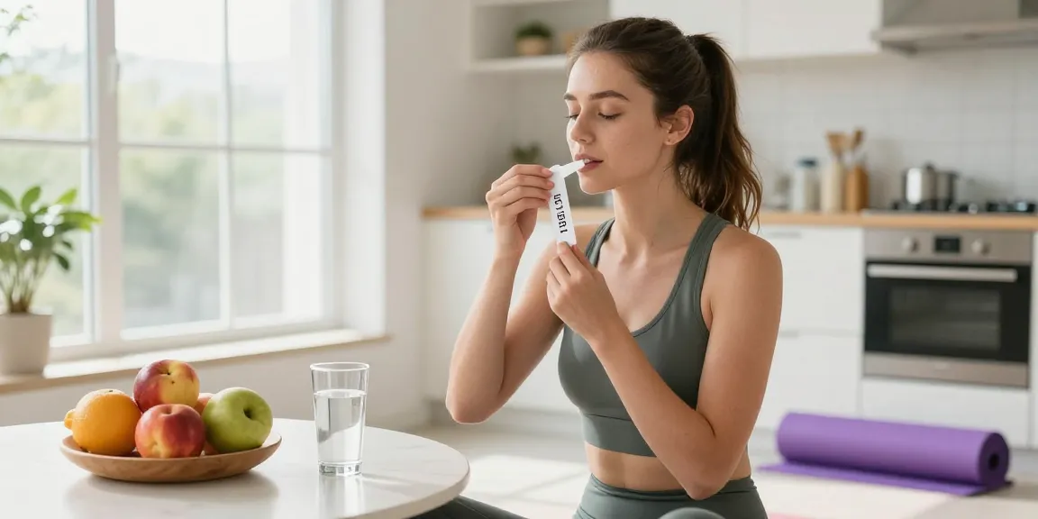 BPC 157 Benefits showcased in a woman applying a buccal strip in a bright kitchen.