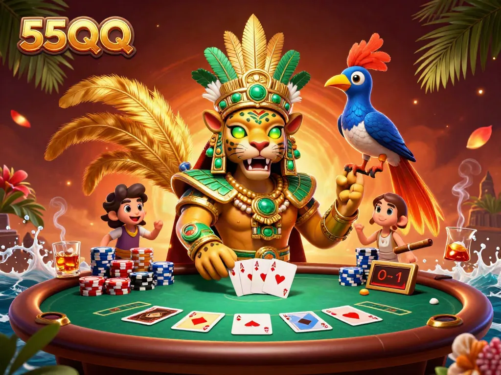 Elevate your gameplay with 55QQ's vibrant casino atmosphere featuring animated poker elements.