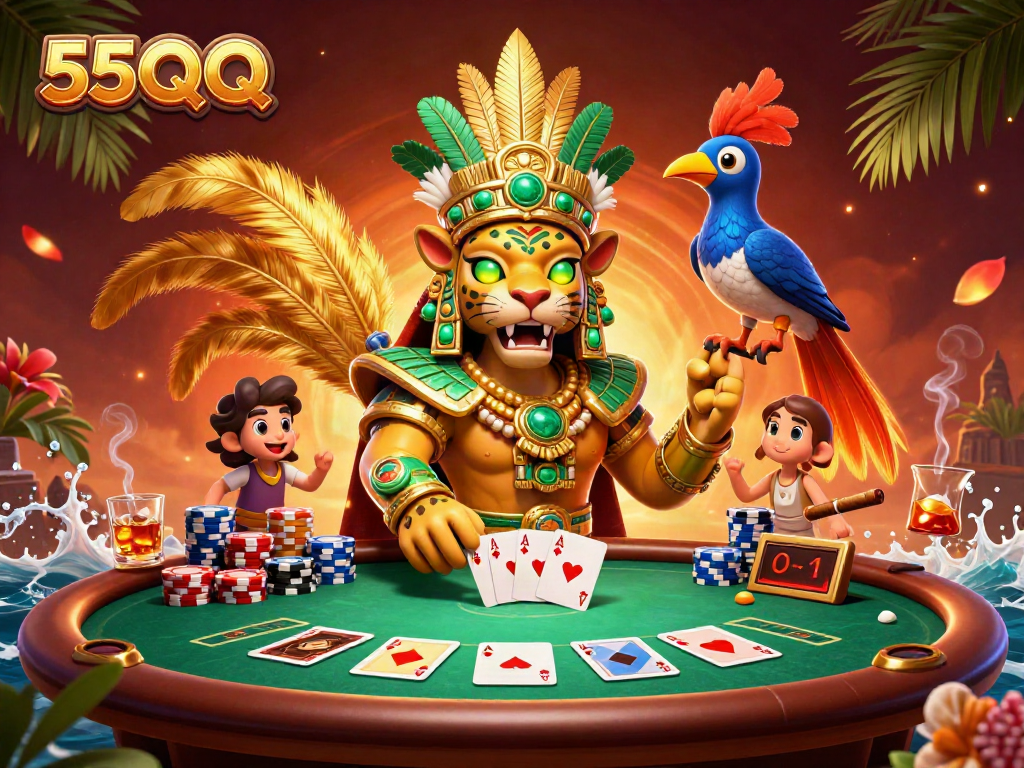 Elevate your gameplay with 55QQ's vibrant casino atmosphere featuring animated poker elements.