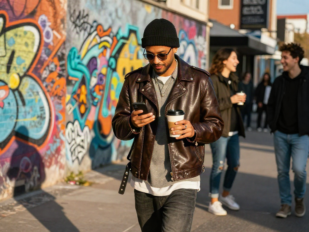 Fashionable individual wearing leather jacket in an urban setting, enjoying a coffee and checking their phone.