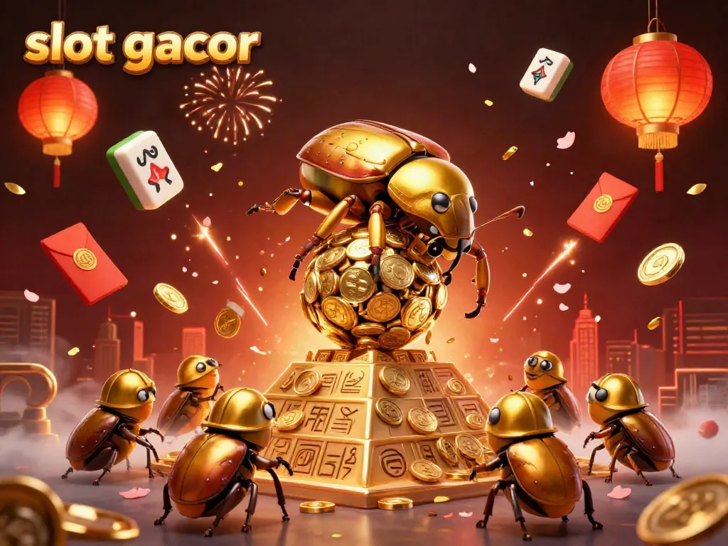Bermain slot gacor dengan kotoran kumbang emas yang menggulung koin emas di kasino, suasana meriah penuh cahaya