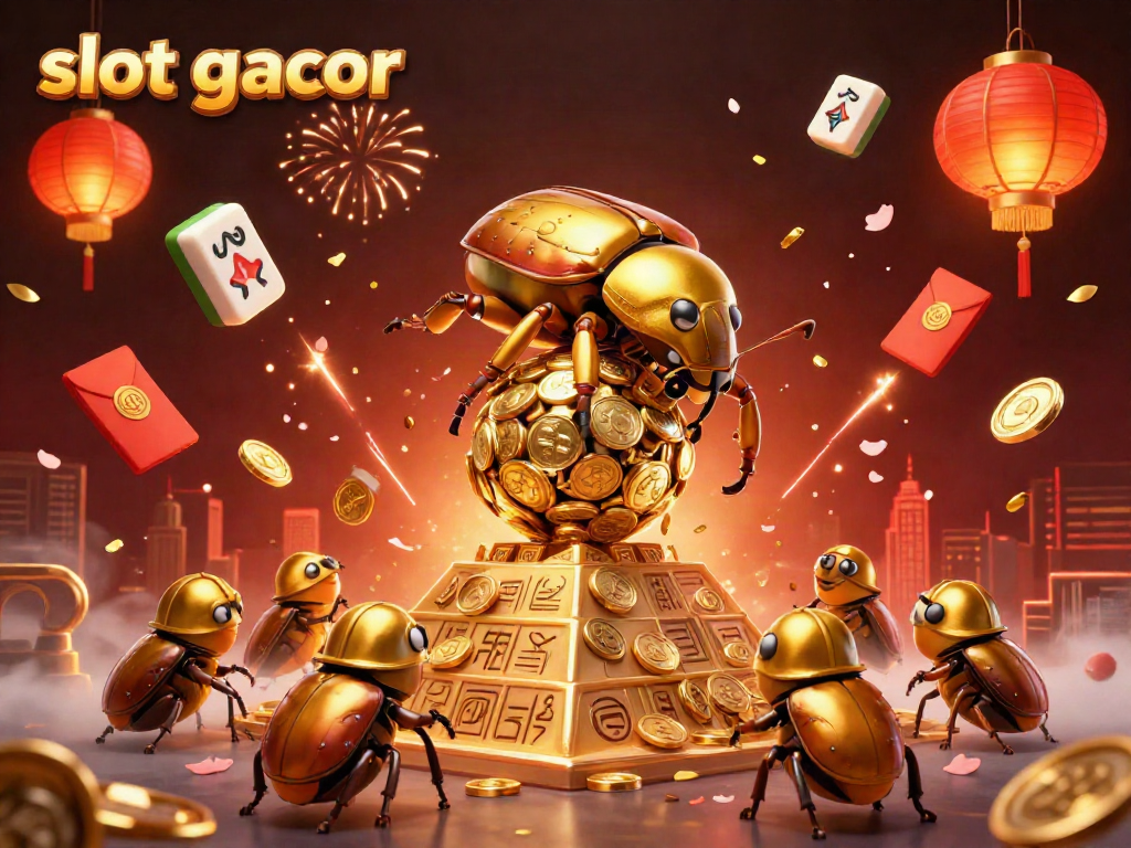 Bermain slot gacor dengan kotoran kumbang emas yang menggulung koin emas di kasino, suasana meriah penuh cahaya