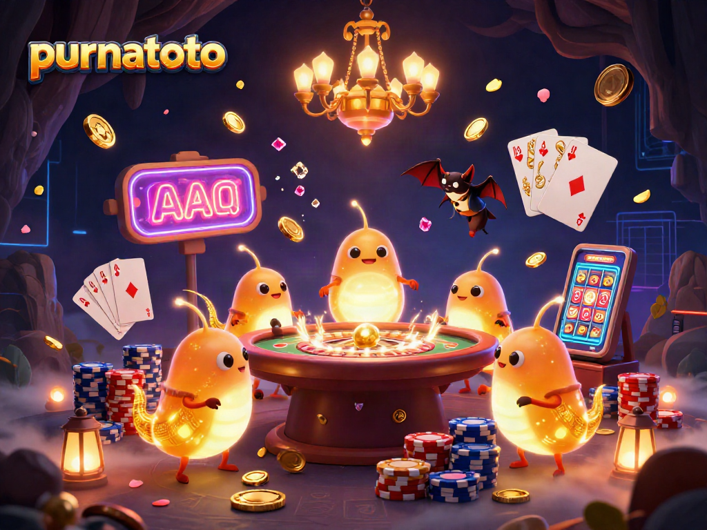 Purnatoto menampilkan suasana kasino dengan tim glowworm dan dealer kelelawar di tengah koin emas dan batu berkilau.