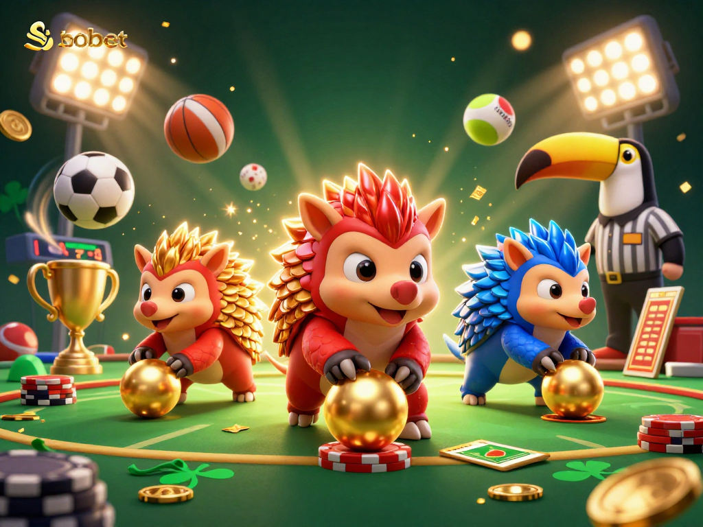 Experience sbobet sports action with rival pangolins rolling into golden balls among vibrant casino elements.
