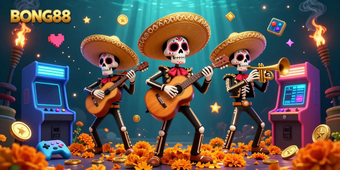 BONG88 celebrates gaming with a vibrant mariachi band and colorful casino elements in an engaging illustration.