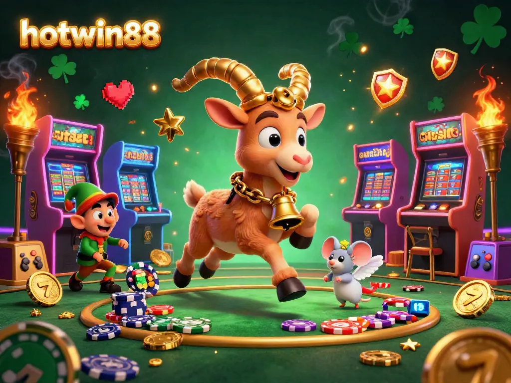 Engage with hotwin88's festive casino scene, featuring a Krampus goat and playful gremlins stealing poker chips.