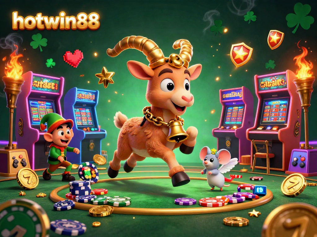 Engage with hotwin88's festive casino scene, featuring a Krampus goat and playful gremlins stealing poker chips.