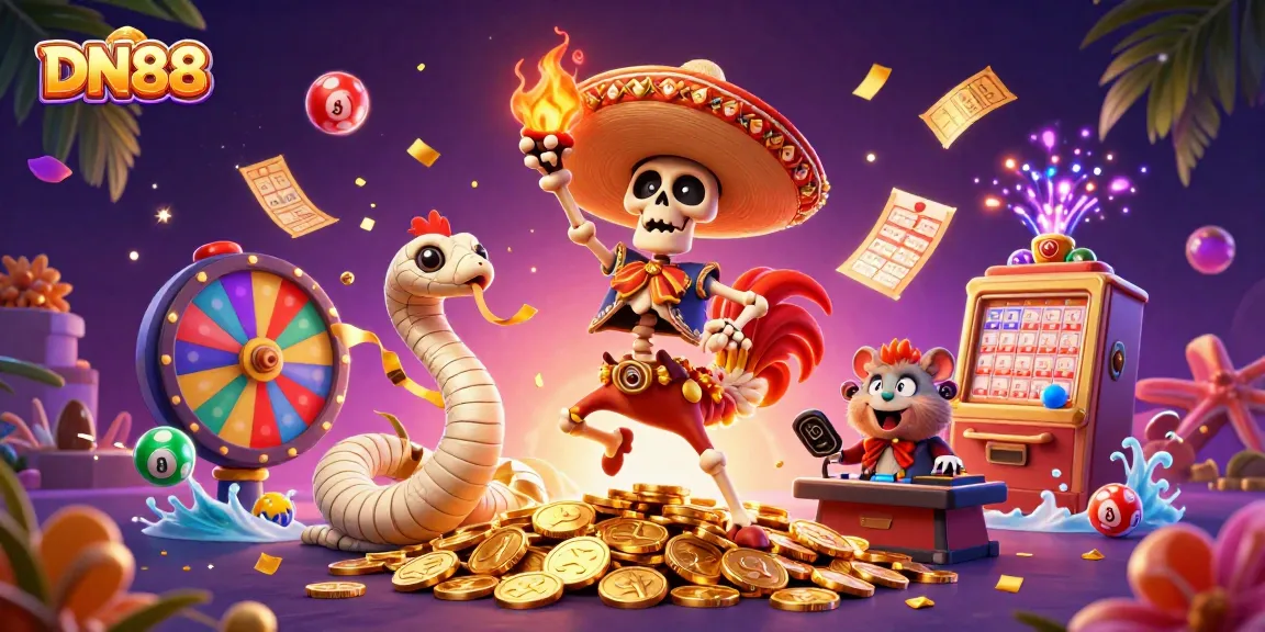 Celebrate with DN88's exciting casino fun featuring vibrant characters and game elements!