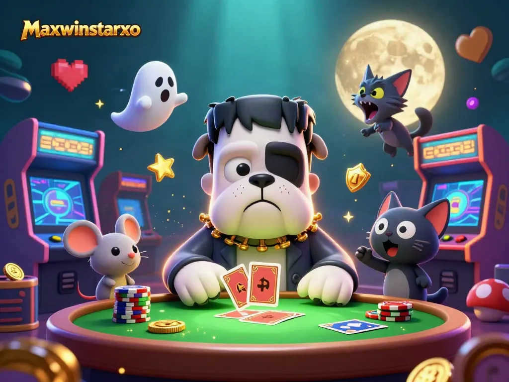 Join the maxwinstarxo showdown with a cartoon Frankenstein bulldog and a ghost mouse in a lively casino scene.