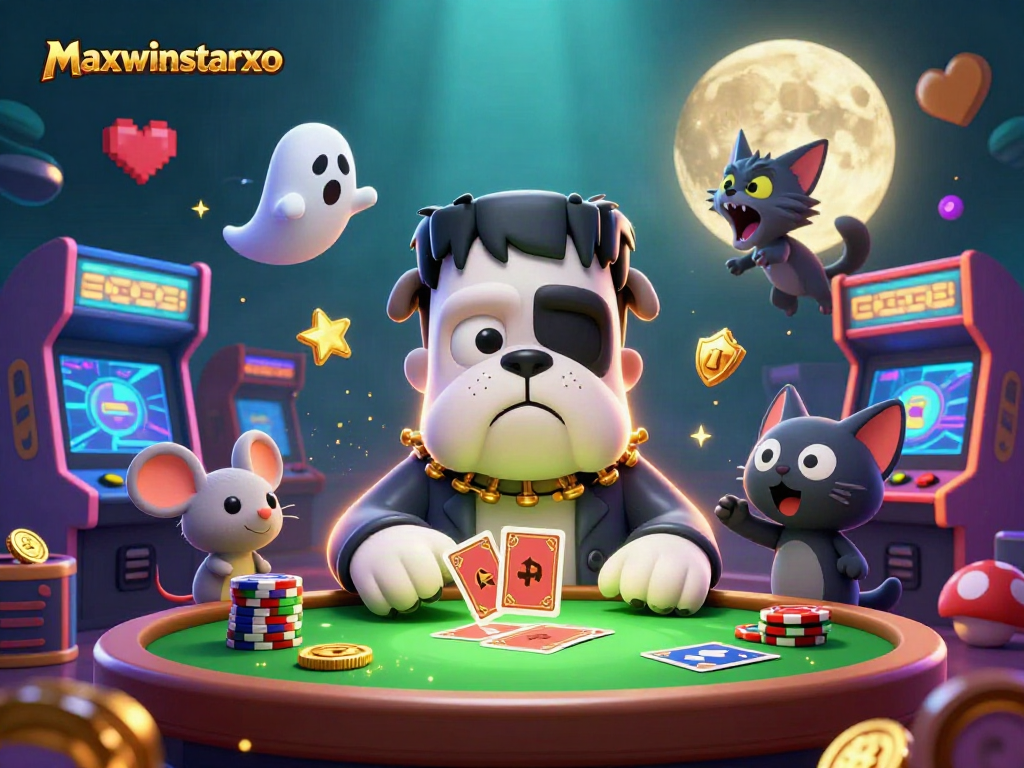 Join the maxwinstarxo showdown with a cartoon Frankenstein bulldog and a ghost mouse in a lively casino scene.