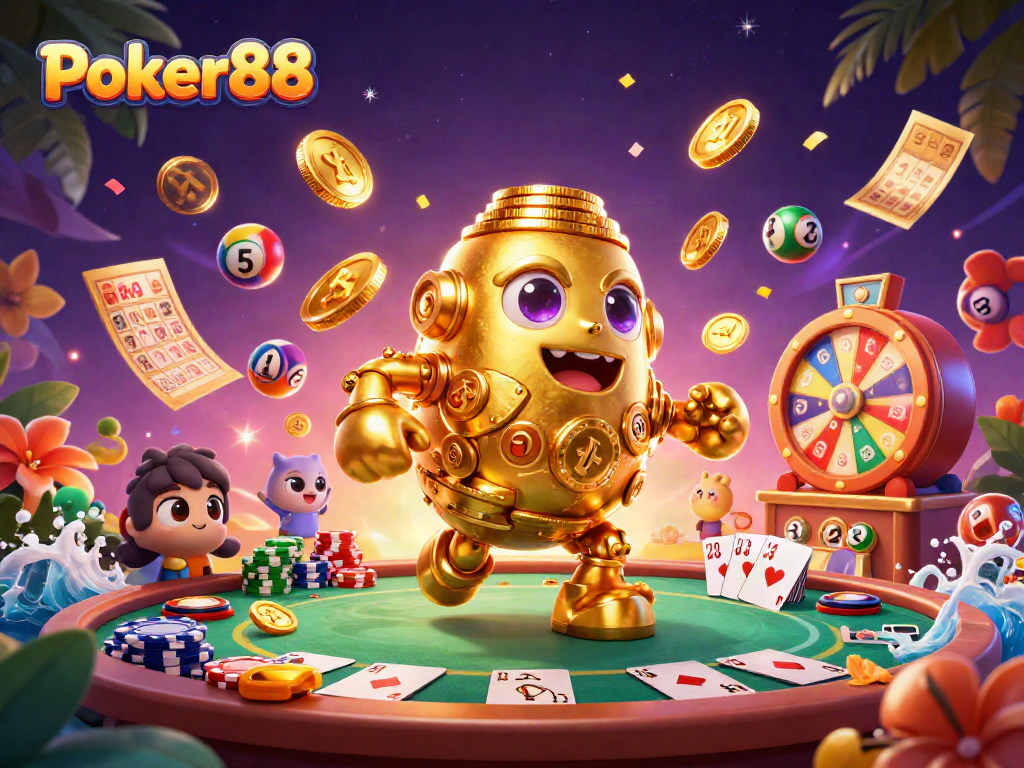 Play poker with Poker88's immersive experience featuring vibrant casino elements and gold accents.