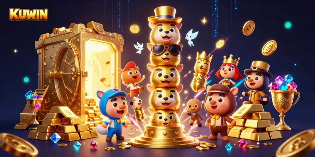 KUWIN players enjoy exciting casino games with vibrant jewels and dynamic golden elements in 3D.