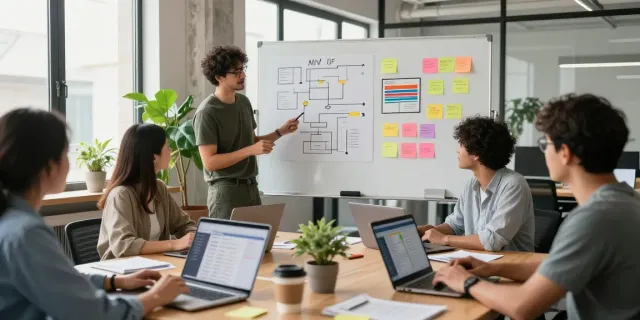 Dynamic MVP development service collaboration in a modern tech workspace with diverse team members engaging in brainstorming and design.