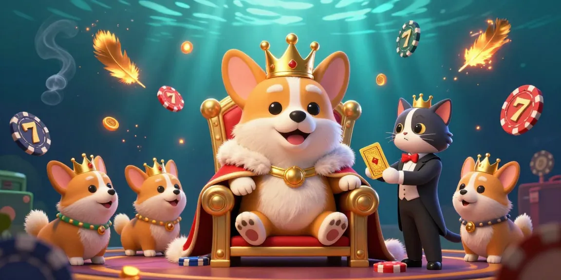 Spin the slot reels alongside the royal corgi in a vibrant casino scene filled with excitement.