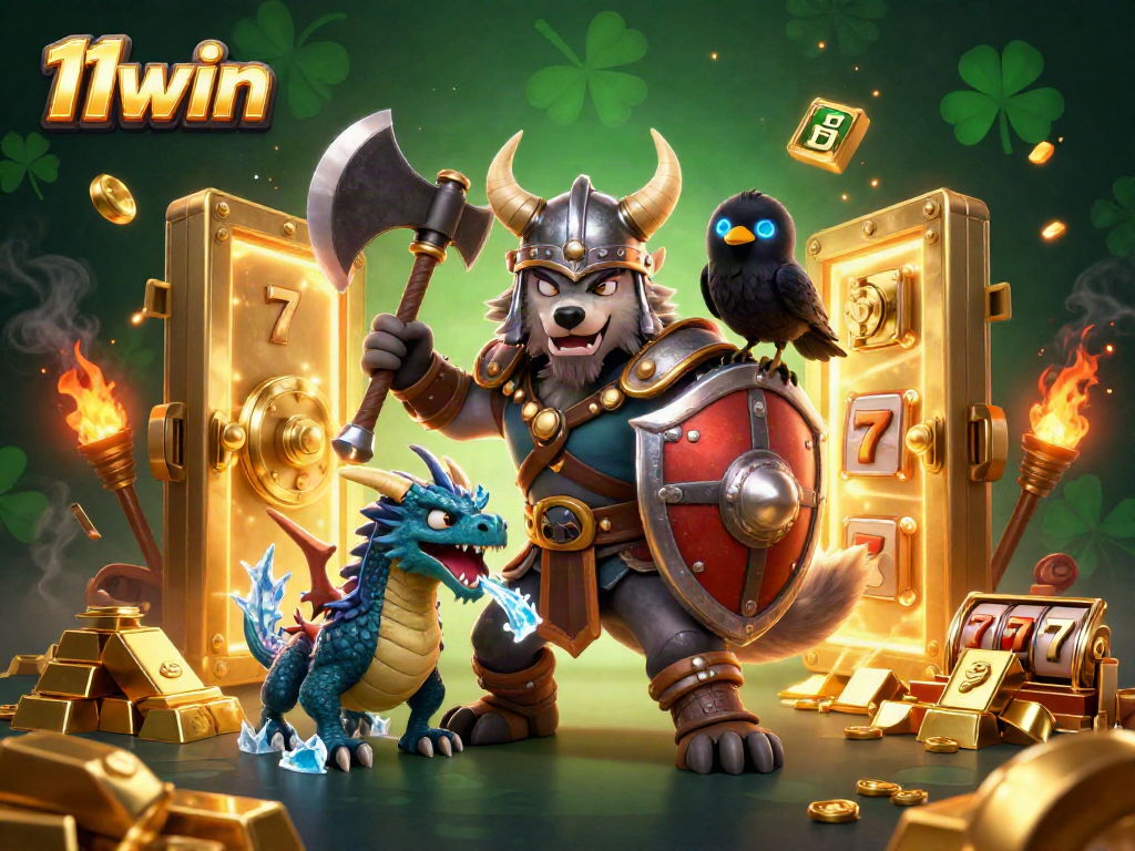 Engage in thrilling gaming at 11win with captivating Viking and fantasy creatures in a dynamic casino scene.