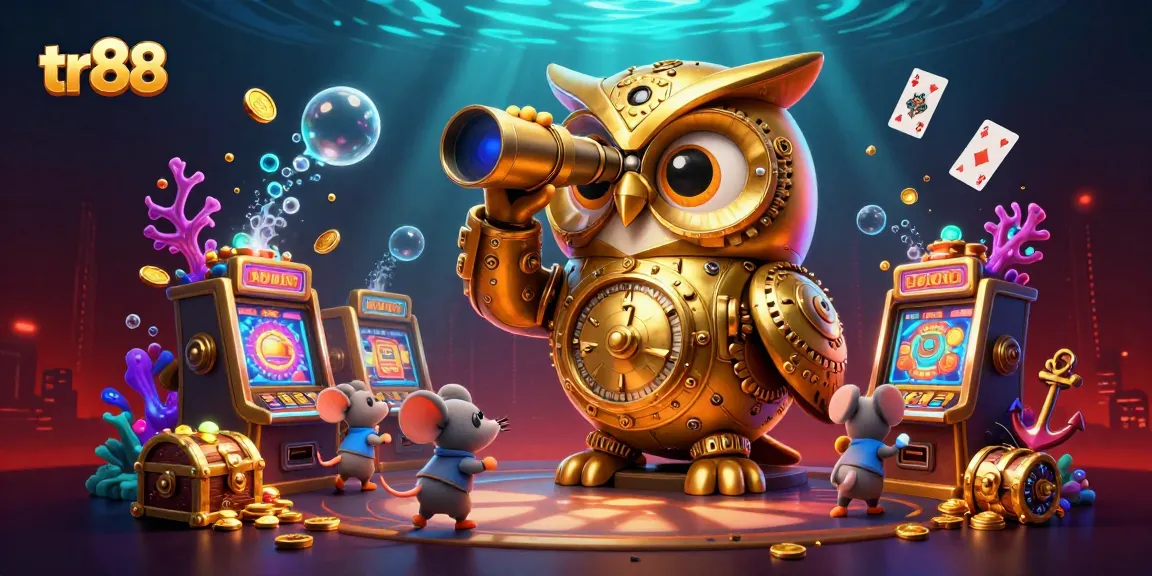 Experience thrilling gameplay at tr88 with a 3D illustration of a vibrant casino scene filled with golden treasures and dynamic characters.