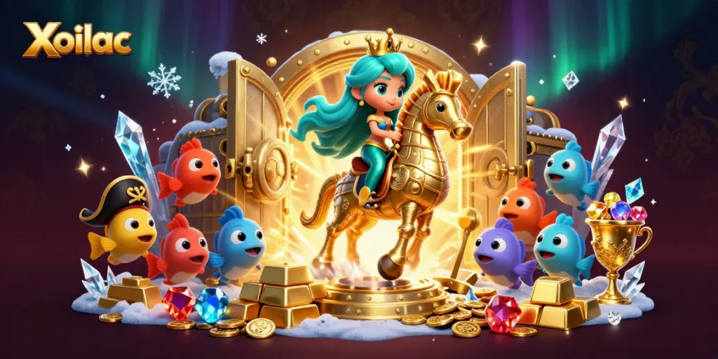 Xoilac presents a vibrant magical scene with a mermaid, seahorse, and treasure, celebrating online gaming.