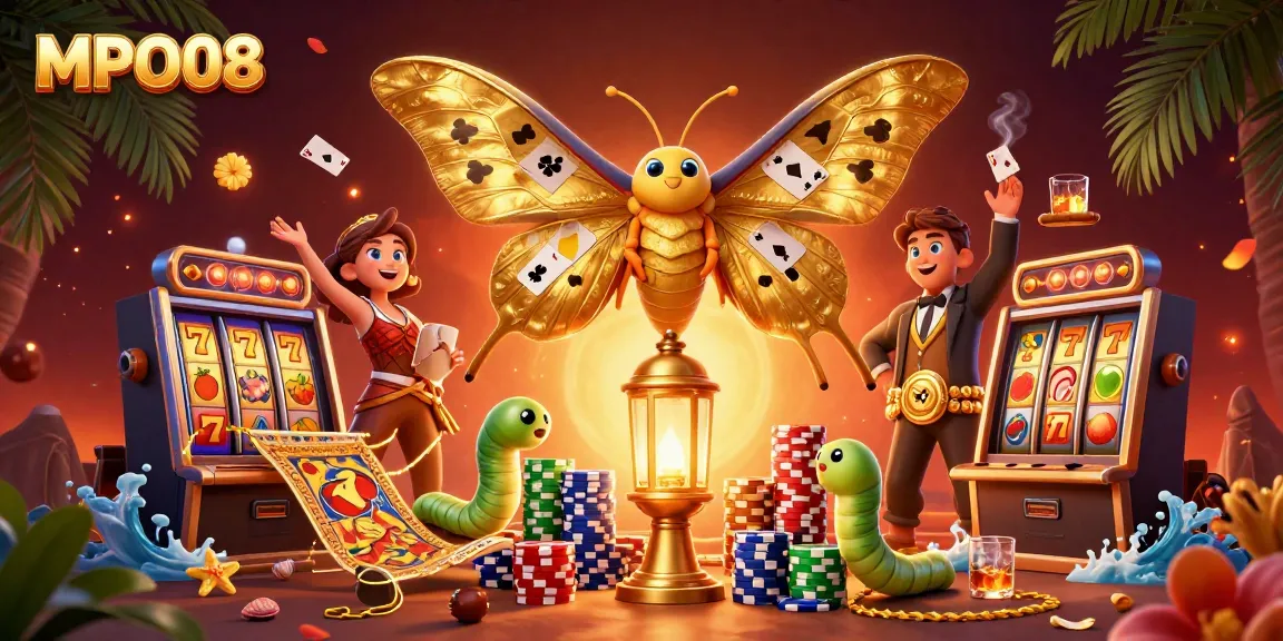 MPO08 showcases a vibrant casino scene with a unique atlas moth and dynamic gaming elements illustrating online entertainment.