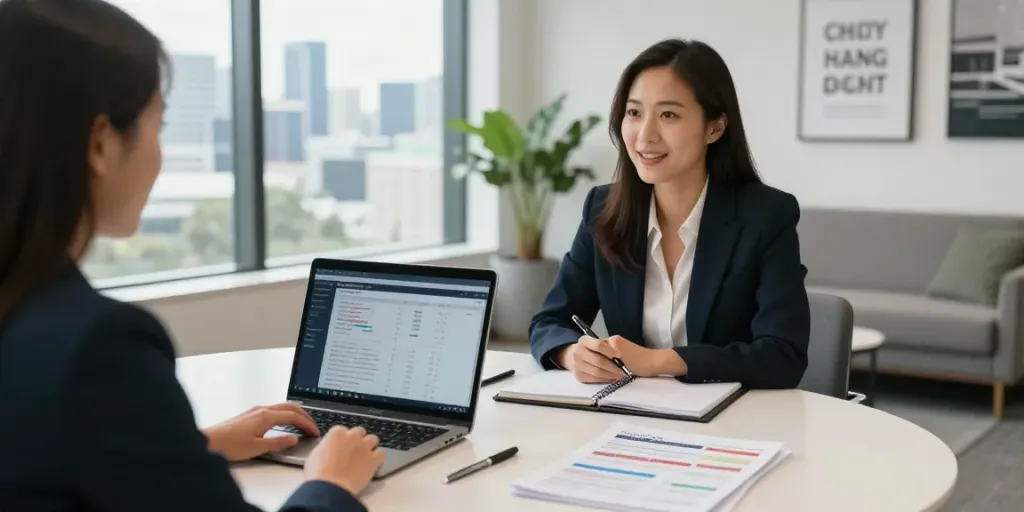 Finance Broker in Brisbane discussing personalized loan options with a client in a modern office.
