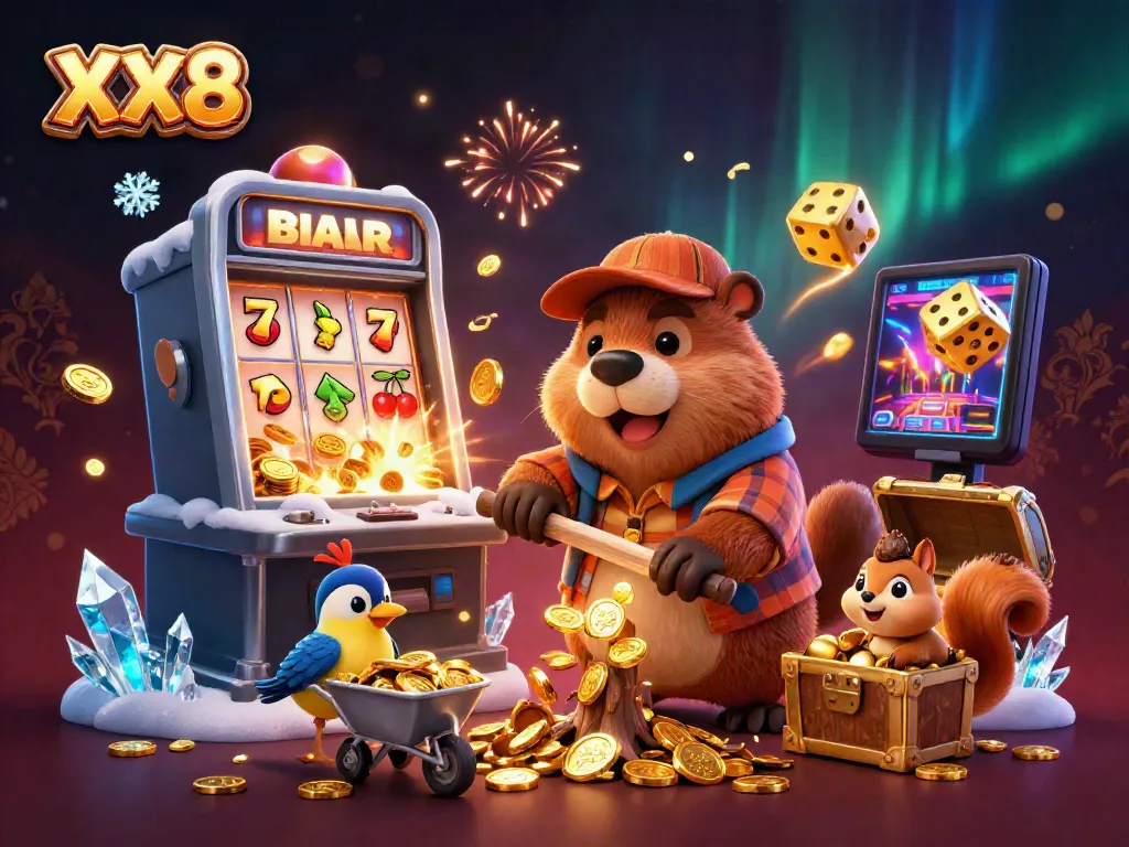Engage with the vibrant XX8 casino scene featuring a beaver and friends celebrating a jackpot victory