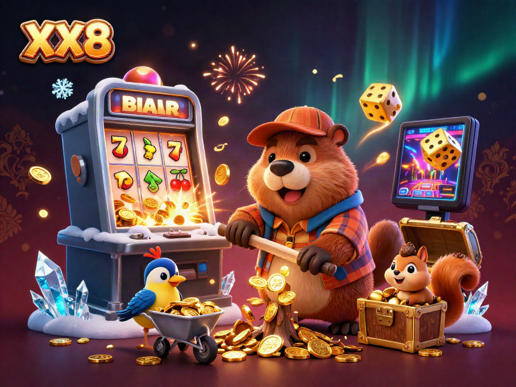 Engage with the vibrant XX8 casino scene featuring a beaver and friends celebrating a jackpot victory