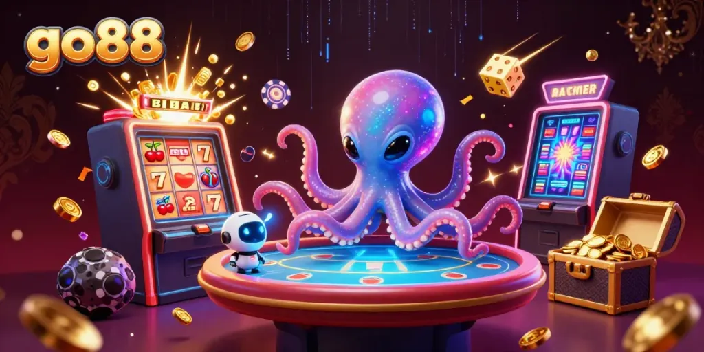 Experience excitement at go88 with an alien octopus dealing cards at a lively holographic poker table.
