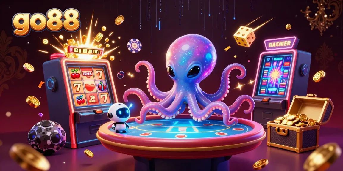 Experience excitement at go88 with an alien octopus dealing cards at a lively holographic poker table.
