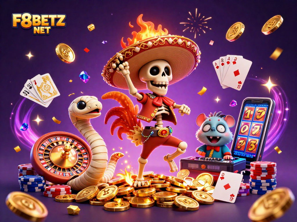 F8BETZ NET showcases a lively casino scene with a playful rooster, mummy snake, and DJ hamster celebrating over golden coins.