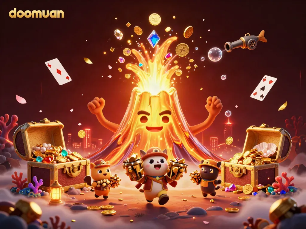 Experience thrilling wins with doomuan's animated volcano, jewels, and engaging treasure elements in a vibrant casino setting.
