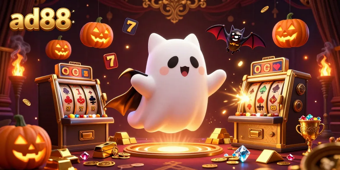 Engaging ad88 online casino experience with a ghost cat and vampire bat amidstslot machines.