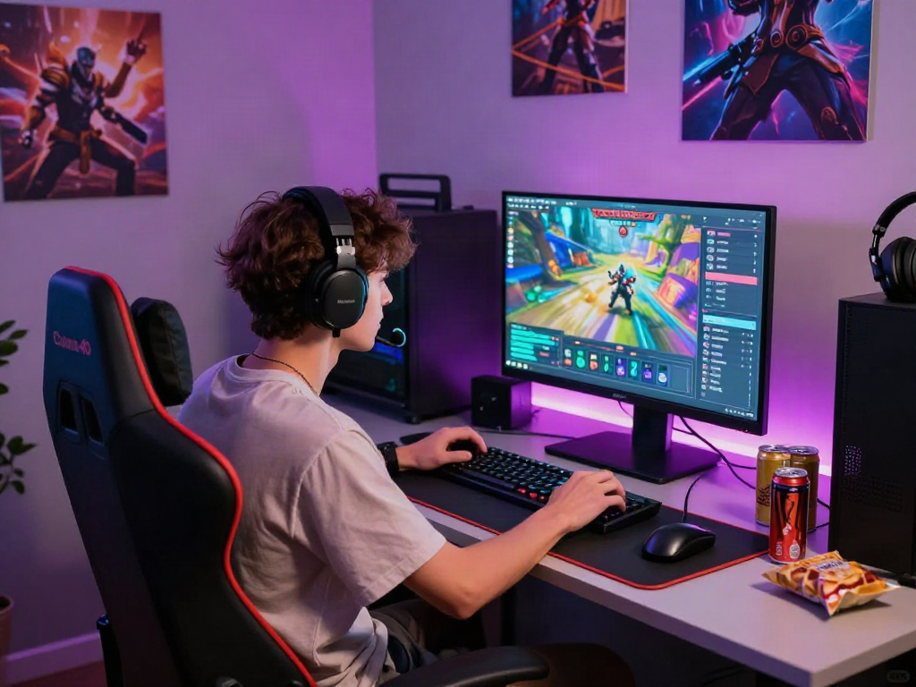 Gamer fokus memainkan diana4d dengan monitor canggih dan suasana dinamis