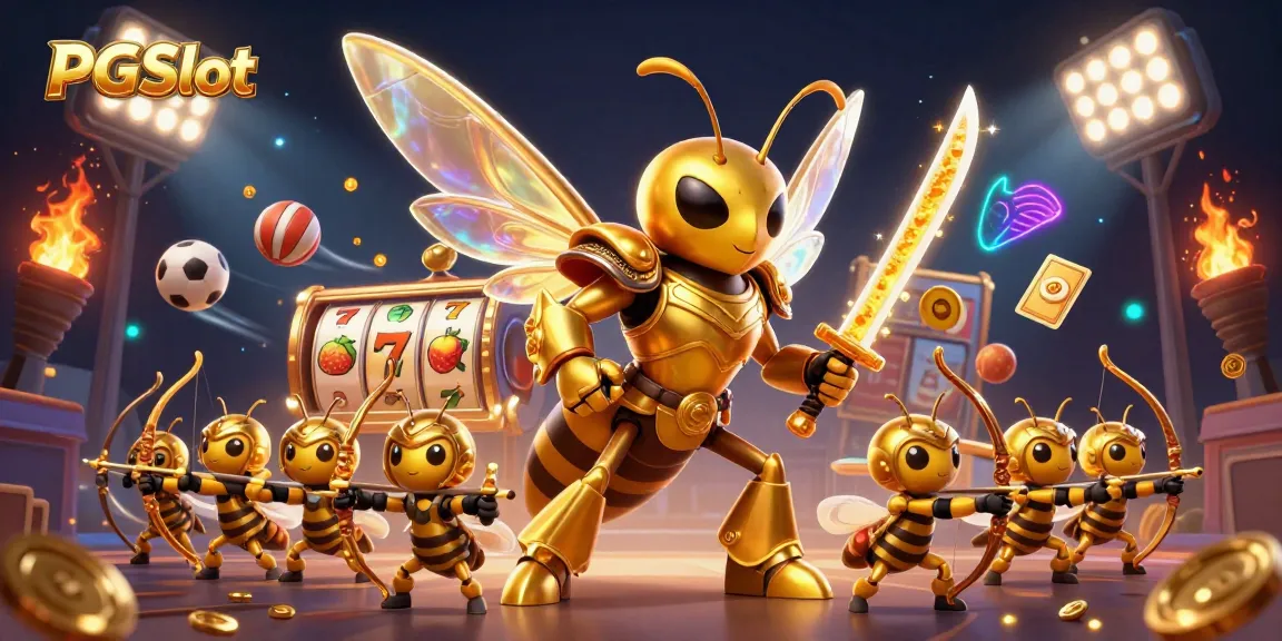 Experience PGSlot excitement with a golden hornet samurai and bee archers amidst dynamic game elements.