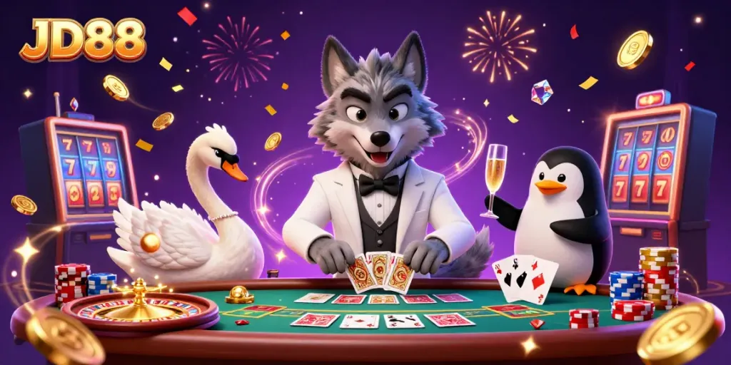 Experience thrilling JD88 gameplay with a charismatic wolf, elegant swan, and sophisticated penguin in a lively casino setting.