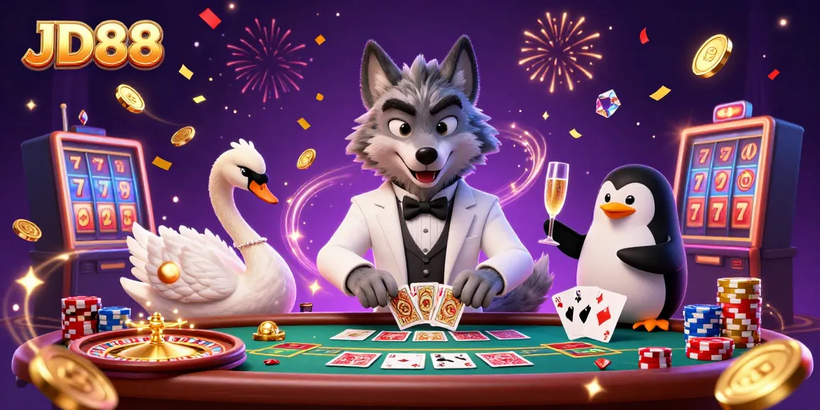 Experience thrilling JD88 gameplay with a charismatic wolf, elegant swan, and sophisticated penguin in a lively casino setting.