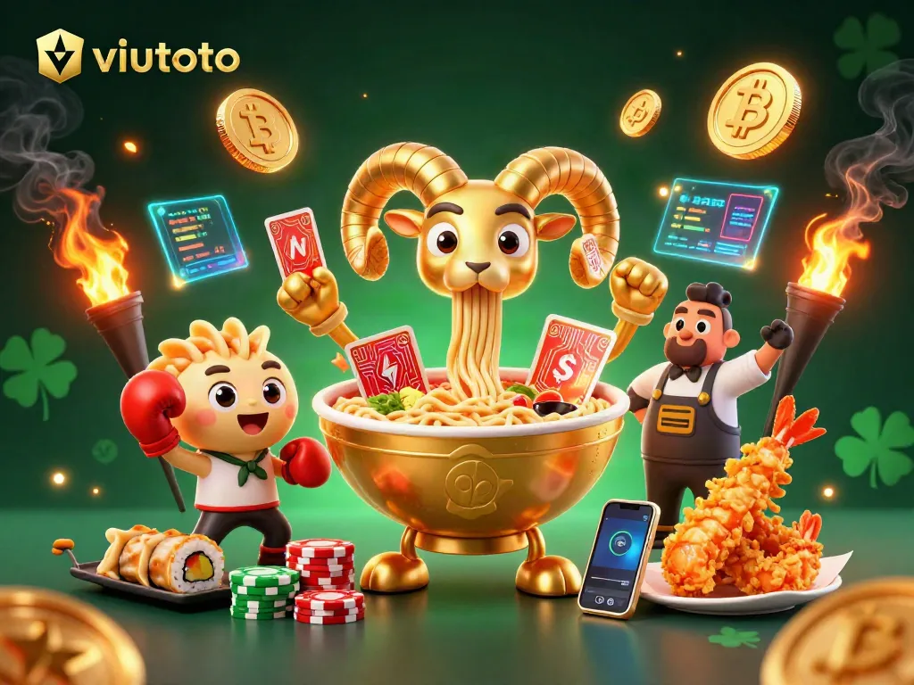 Gambarkan viutoto dengan karakter ramen emas dan simbol permainan kartu dalam suasana penuh semangat.
