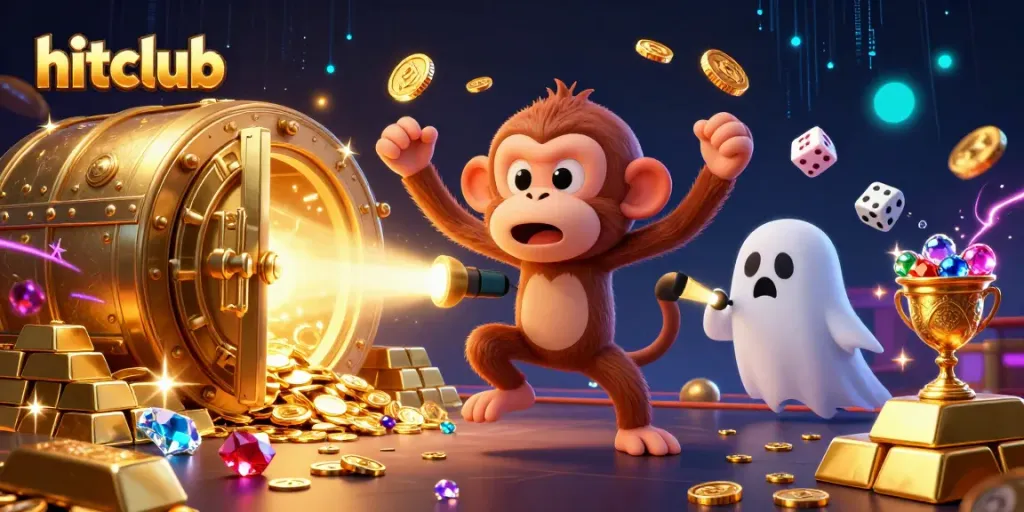 Hitclub brings excitement with a mischievous monkey and ghost-hunter puppy in a vibrant casino scene.
