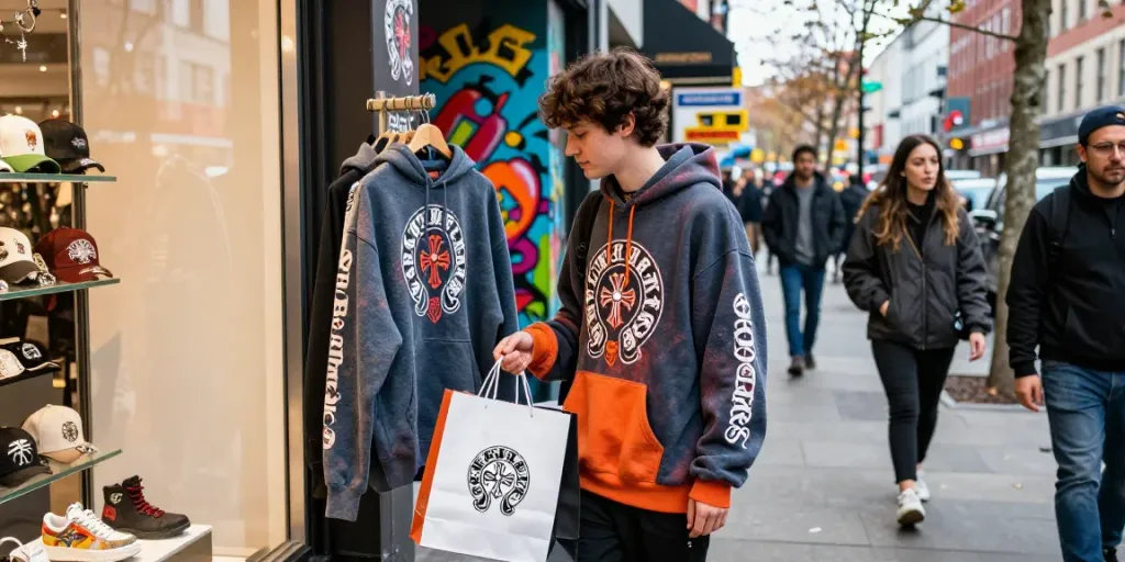 Young adult exploring Chrome Hearts kakobuy merchandise in urban shopping district