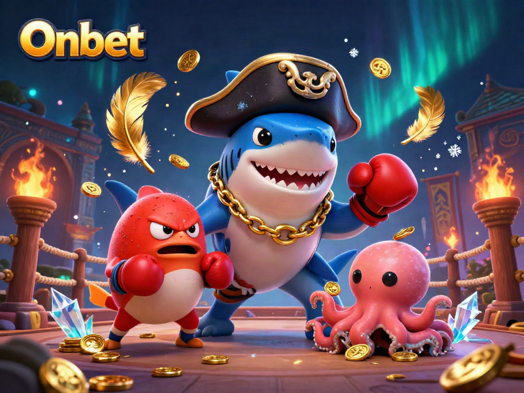 Engage with Onbet's thrilling casino atmosphere through a vivid 3D scene with colorful characters and symbolic elements.