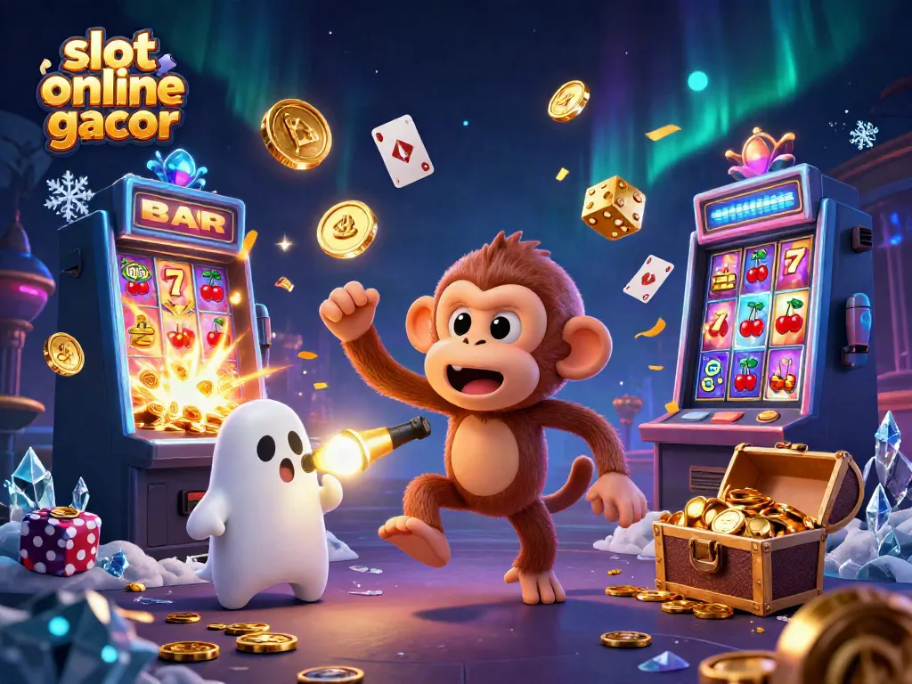 Explore slot online gacor in a vibrant haunted casino scene with dynamic characters and thrilling elements.